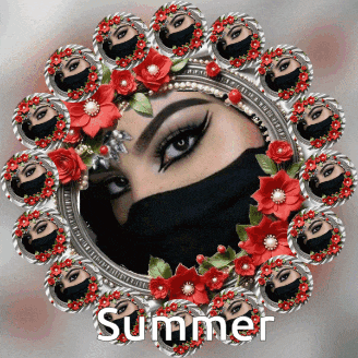 a picture of a woman in a black mask with flowers around her and the word summer on the bottom
