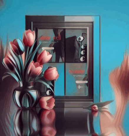 a painting of a vase of flowers next to a box that says ' amy cell ' on it