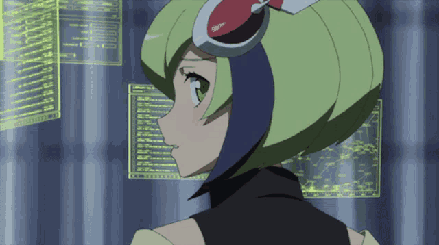 a girl with green hair stands in front of a screen that says ' a ' on it