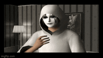 a person wearing a white hooded cape with a mask on their face .