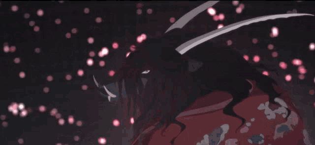 a drawing of a person holding a sword in a dark room with pink flowers in the background