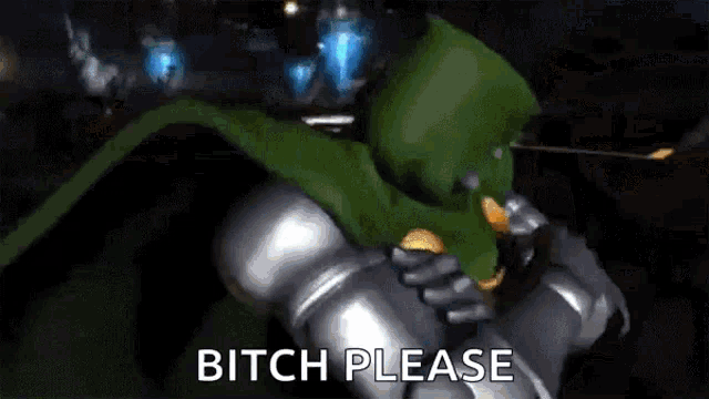 a cartoon character is saying " bitch please " while holding a sword