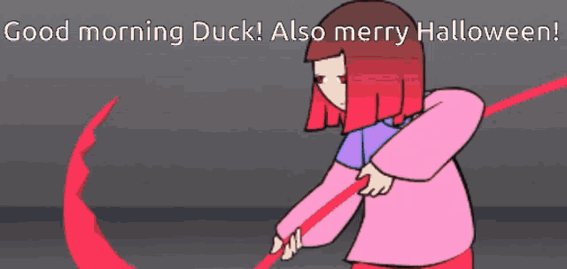 a cartoon character with the words good morning duck also merry halloween on the bottom