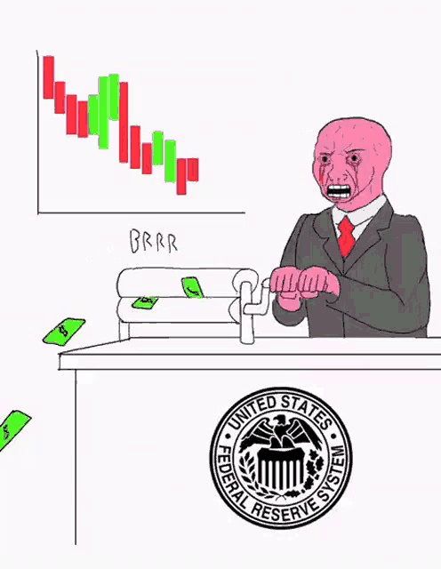 a cartoon of a man behind a desk with the united states federal reserve system logo