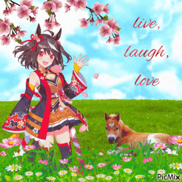 a picture of a girl and a horse with the words live laugh love on the bottom
