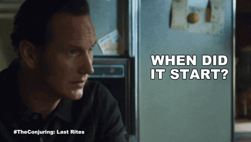 a man sitting in front of a refrigerator with the words " when did it start " written on the bottom