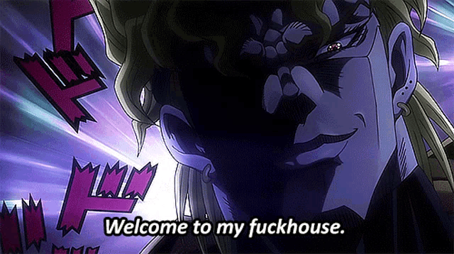 a cartoon character with the words welcome to my fuckhouse