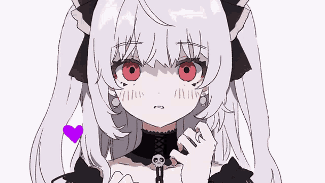 a girl with white hair and red eyes is wearing a choker with a skull and crossbones on it