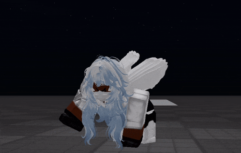 a girl with blue hair and white wings is laying on the ground
