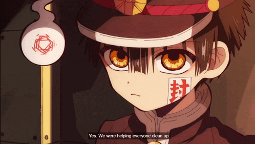 a close up of a anime character with the words yes we were helping everyone clean up on the bottom