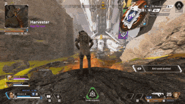 a screenshot of a video game with a player named harvester standing on a rock