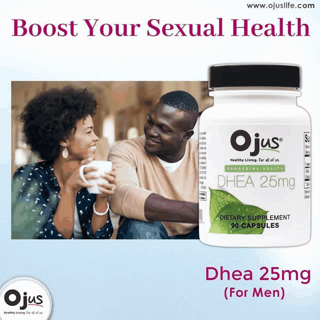a man and woman sit next to a bottle of ojus dha 25mg