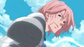 a girl with pink hair and blue eyes is wearing a gray armor