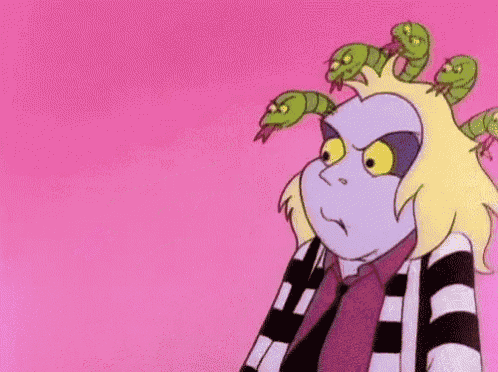 a cartoon character with a bunch of snakes coming out of his head .