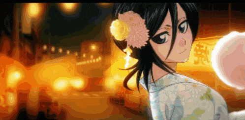 a girl with a flower in her hair is wearing a white kimono