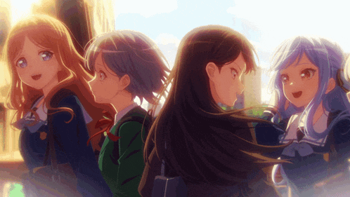 a group of anime girls standing next to each other with their hair blowing in the wind