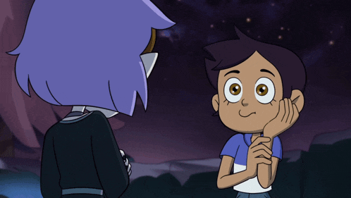two cartoon characters are standing next to each other and one has her hand on her face