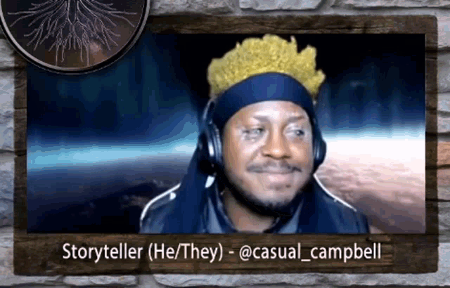 a man wearing headphones and a headband with the name storyteller