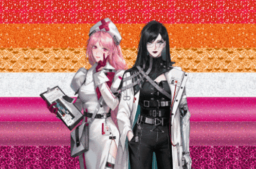 a nurse and a doctor standing next to each other on a pink and orange background