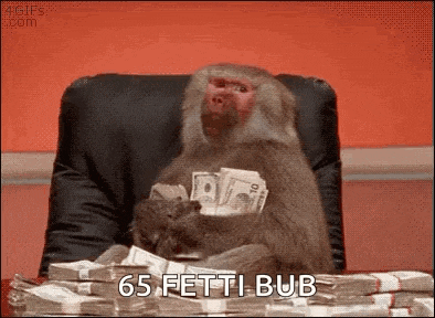 a monkey is sitting in a chair holding a pile of money and says 65 fetti bub