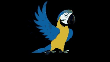 a blue and yellow parrot with a green beak on a black background