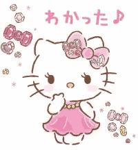 hello kitty is wearing a pink dress and surrounded by gems .