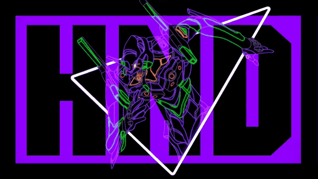 a neon drawing of a robot with the letters hnd in the background