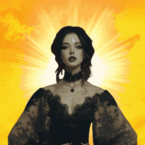 a woman in a black lace dress with a choker around her neck is standing in front of a yellow background