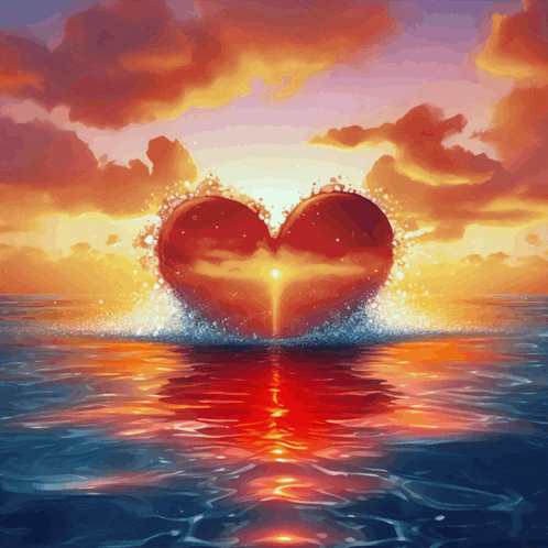 a painting of a heart in the middle of the ocean at sunset