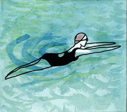 a drawing of a woman in a black bathing suit swimming in a pool