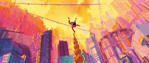 a cartoon of a person hanging from a rope in the air over a city .