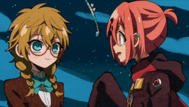 two anime characters looking at a fishing rod