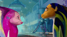 a couple of cartoon fish standing next to each other .