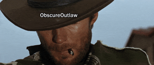a man wearing a cowboy hat with obscure outlaw written on the top