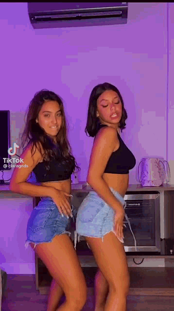 two women are standing next to each other in a room .