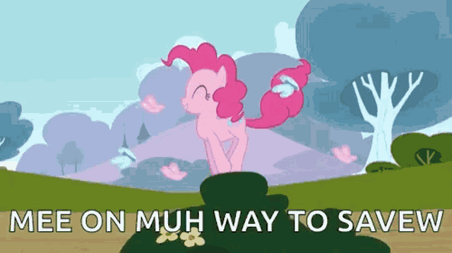 pinkie pie from my little pony is standing on a rock in a field with trees .