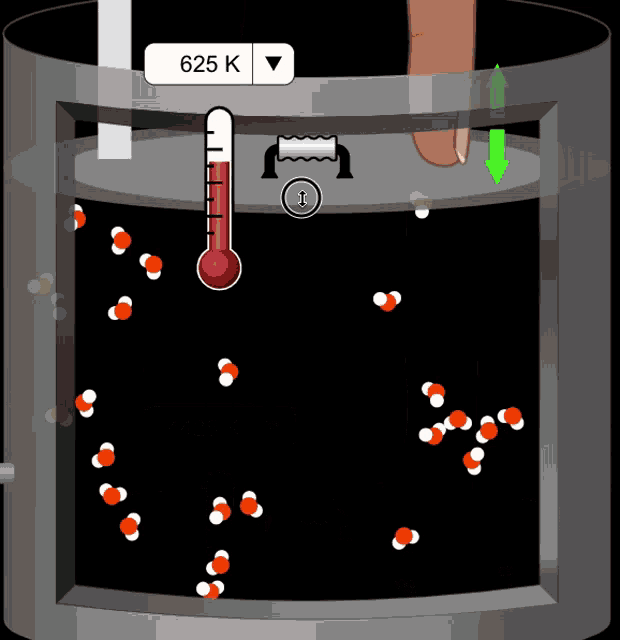 a thermometer displays a temperature of 625 k in a container of water