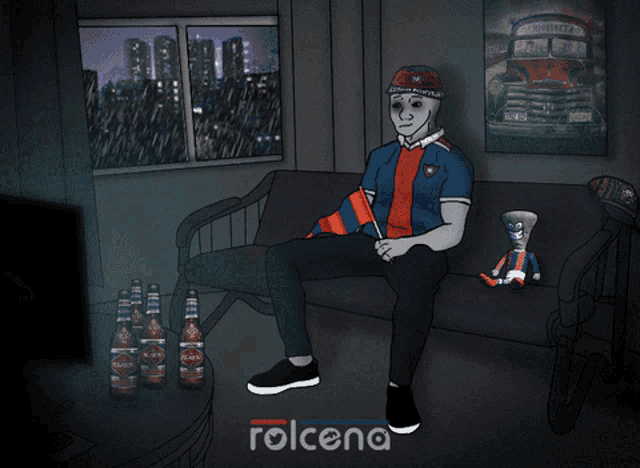 a cartoon of a man sitting on a couch with bottles of rolcena in front of him