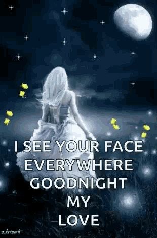 a woman in a purple dress is standing in front of a full moon with the words i see your face everywhere goodnight my love