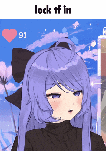a picture of a girl with purple hair and the words lock tf in below it