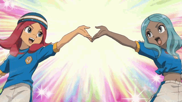 a couple of anime characters making a heart shape with their hands