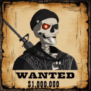 a wanted poster shows a skeleton with a gun