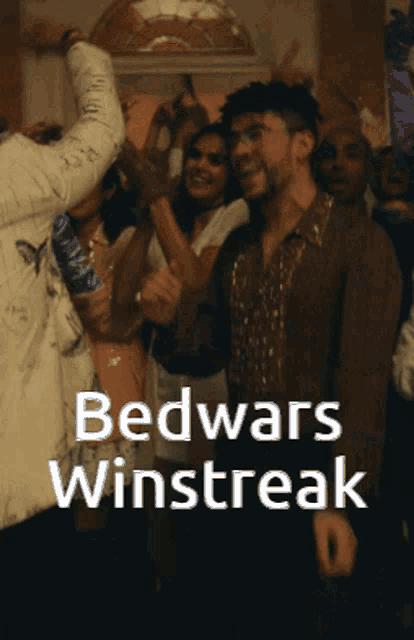 a poster for bedwars winstreak with a group of people