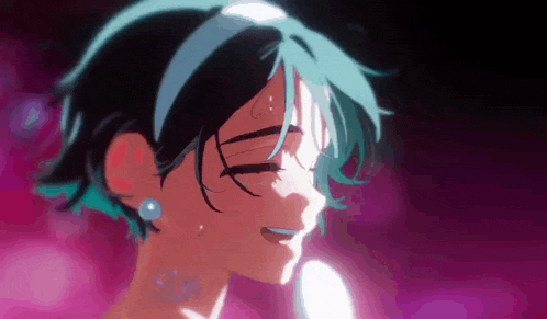 a close up of a cartoon character with blue hair and earrings
