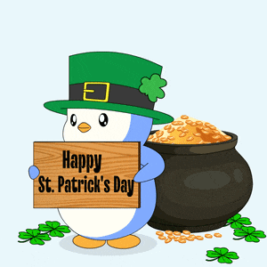 a penguin in a leprechaun hat is holding a wooden sign that says happy st. patrick 's day