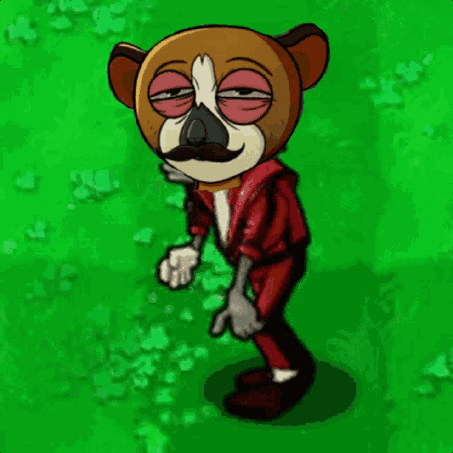 a cartoon drawing of a dog with a mustache and red eyes