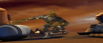 a statue of a robot is standing in front of a car in a video game scene .