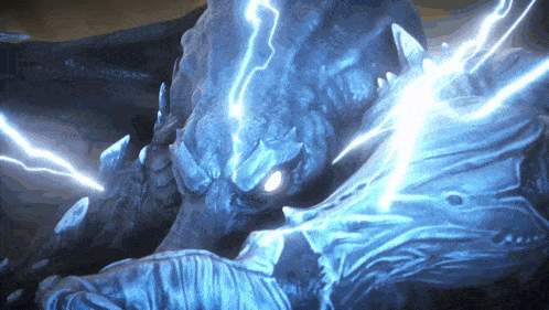 a blue monster with a lightning bolt coming out of its eyes