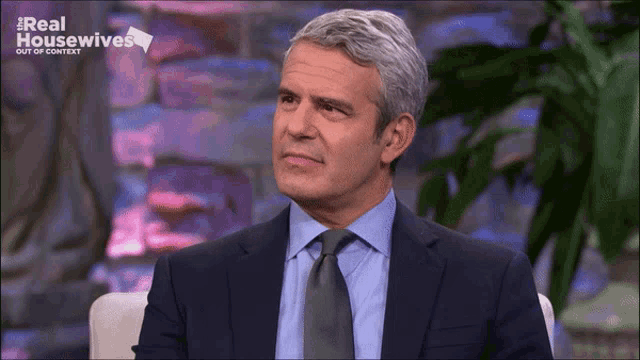 a man in a suit and tie is sitting in front of a screen that says real housewives out of context