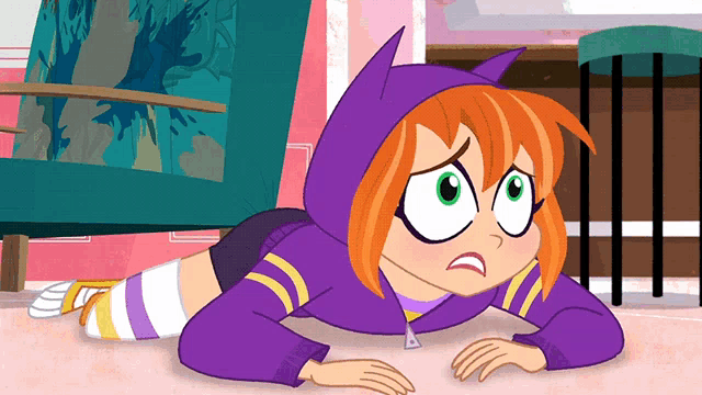 a cartoon character with a purple hoodie and red hair is laying on the floor